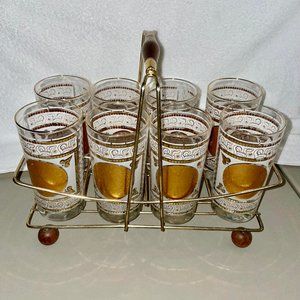 8 Aztec / Mayan Mid Century Gold Highball Glasses and Carrier